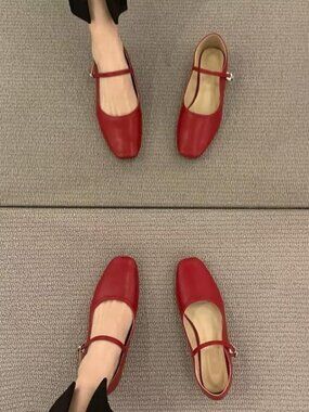 Red Square Toe Mary Jane Flats - Size 9
